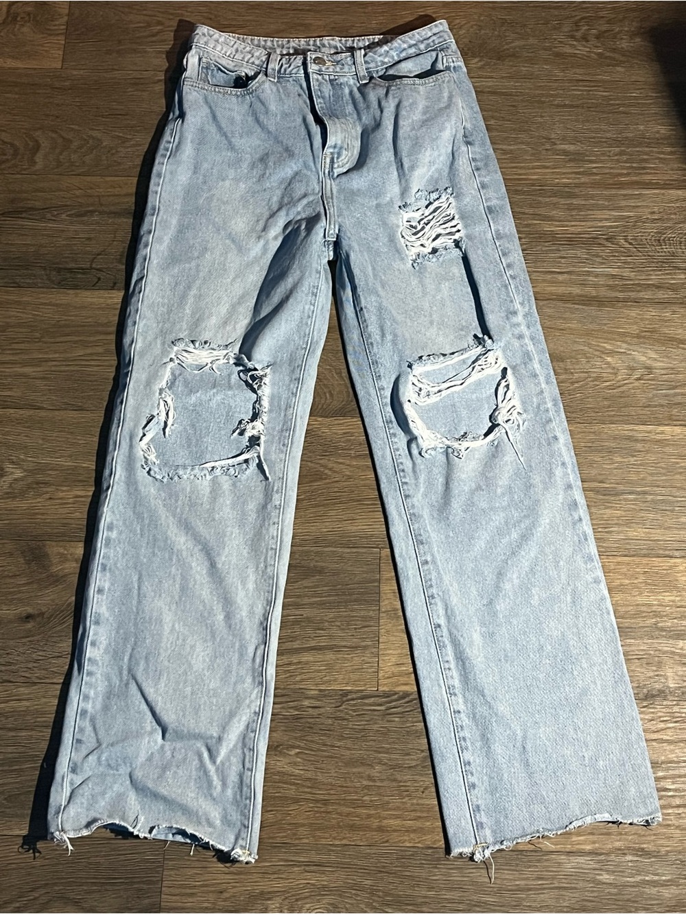 High-rise Light-wash Ripped Wide-leg Jeans